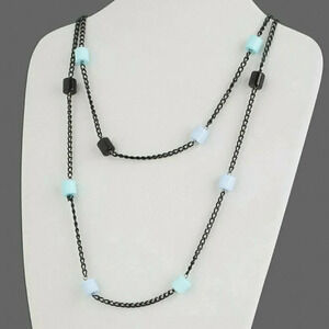 Vintage 80s Blue Green Lucite Beads Long Black Metal Chain Necklace